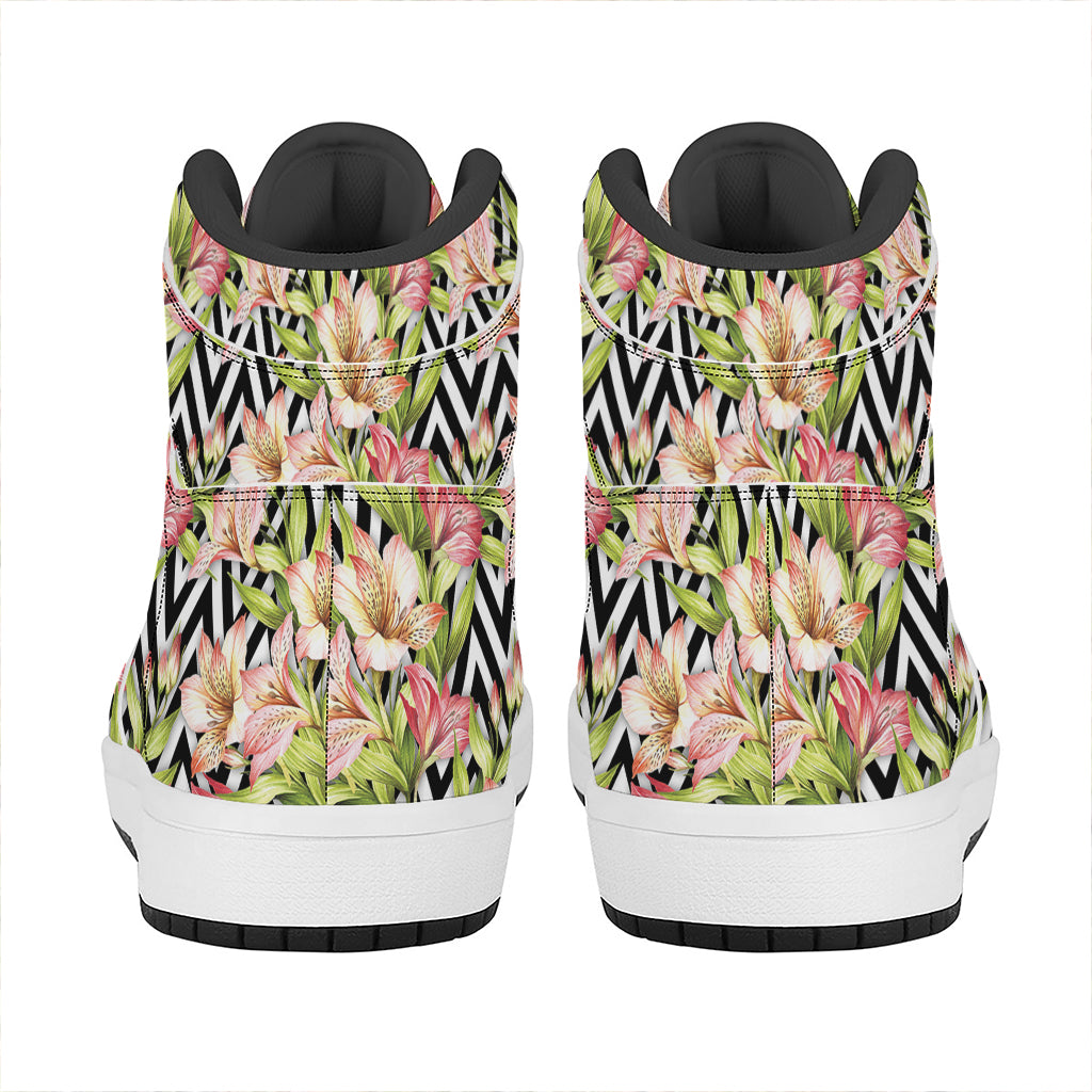 Pastel Alstroemeria Zigzag Pattern Print High Top Leather Sneakers