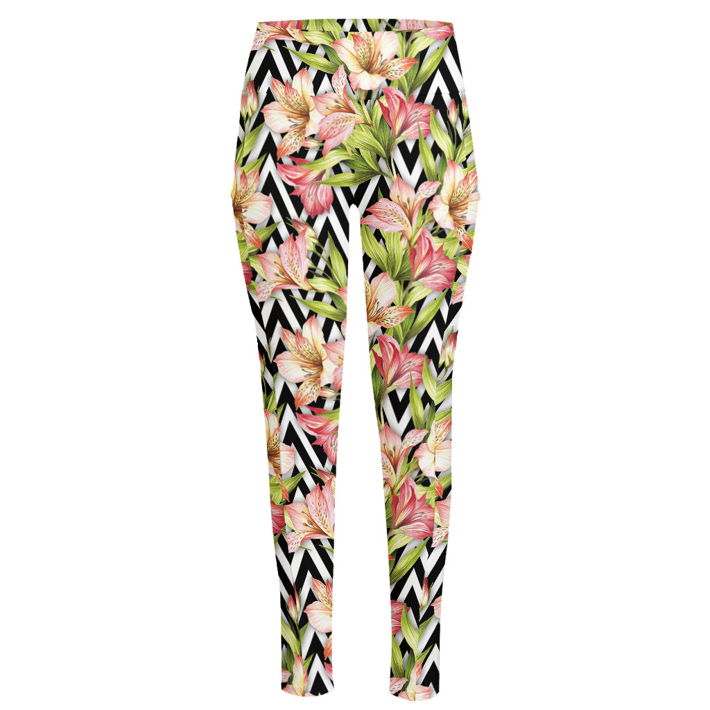 Pastel Alstroemeria Zigzag Pattern Print High-Waisted Pocket Leggings