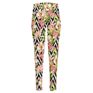 Pastel Alstroemeria Zigzag Pattern Print High-Waisted Pocket Leggings