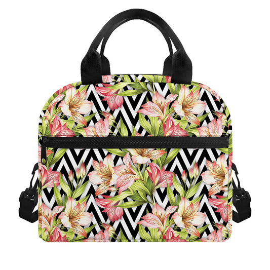 Pastel Alstroemeria Zigzag Pattern Print Insulated Lunch Bag