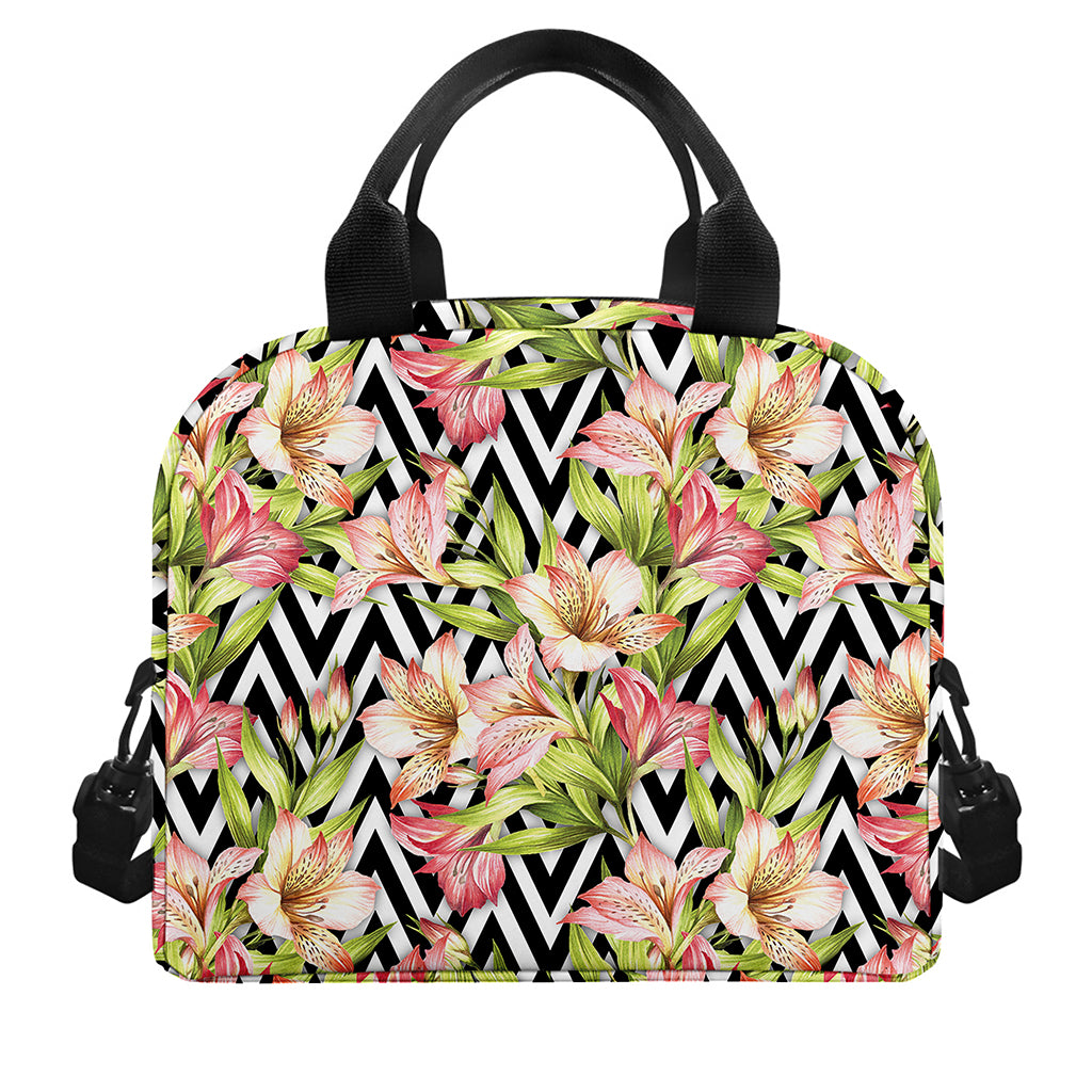 Pastel Alstroemeria Zigzag Pattern Print Insulated Lunch Bag