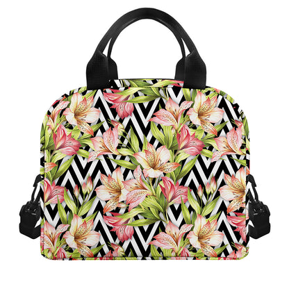 Pastel Alstroemeria Zigzag Pattern Print Insulated Lunch Bag