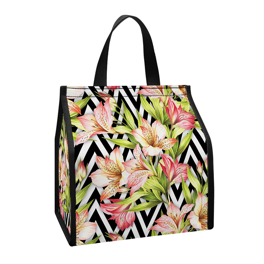 Pastel Alstroemeria Zigzag Pattern Print Insulated Lunch Tote