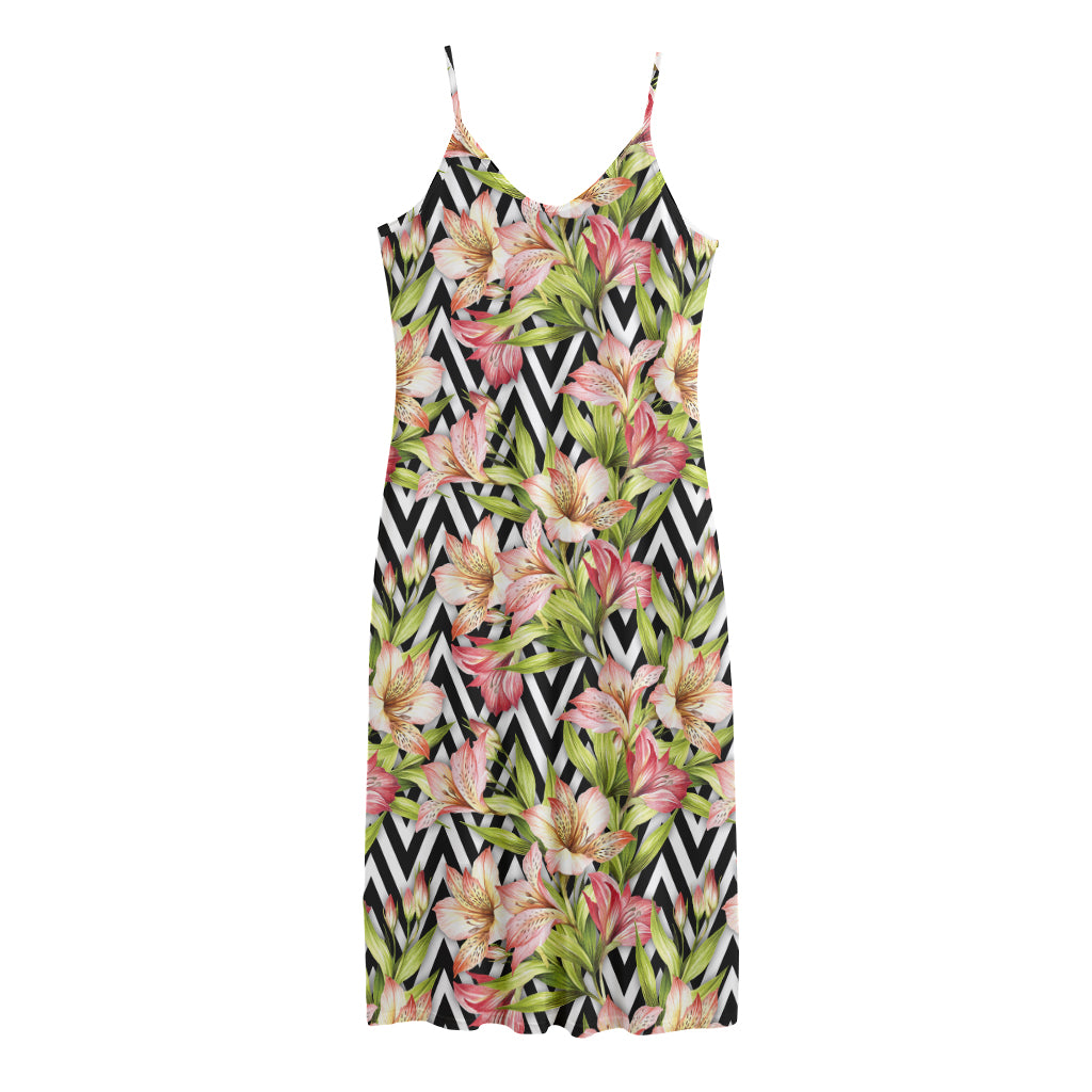 Pastel Alstroemeria Zigzag Pattern Print Jersey Midi Cami Dress