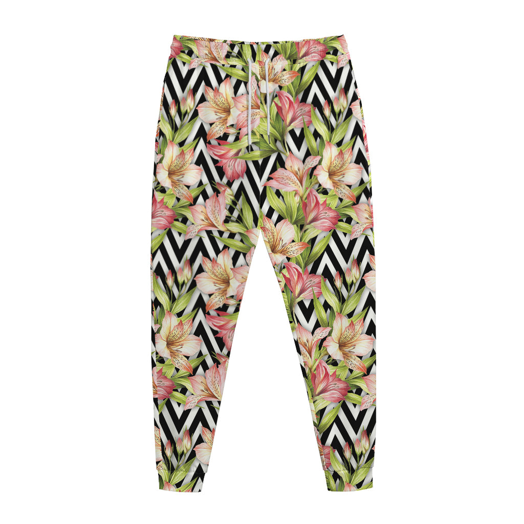 Pastel Alstroemeria Zigzag Pattern Print Jogger Pants