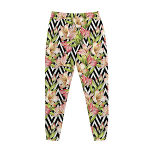 Pastel Alstroemeria Zigzag Pattern Print Jogger Pants