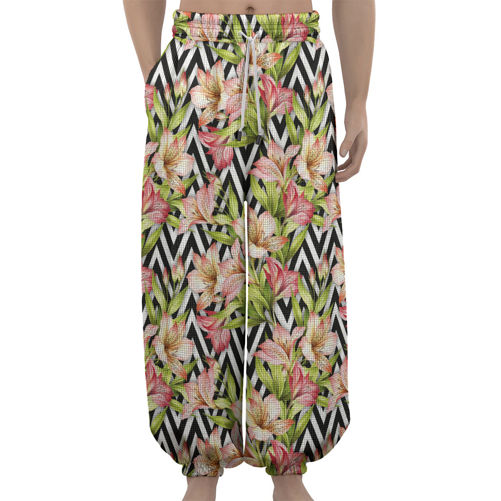 Pastel Alstroemeria Zigzag Pattern Print Lantern Pants