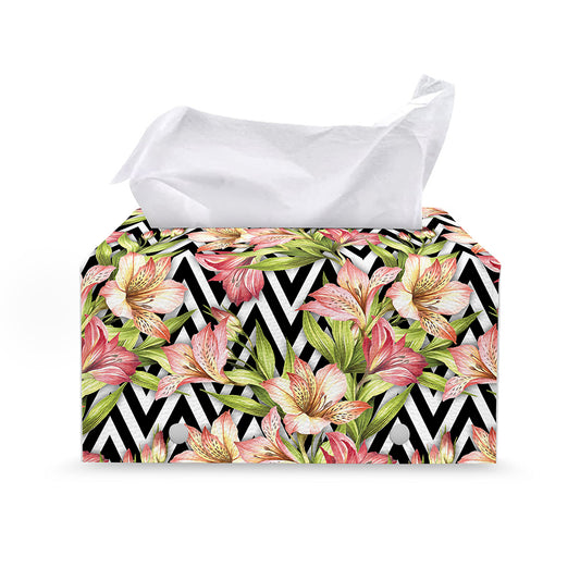 Pastel Alstroemeria Zigzag Pattern Print Leather Tissue Box Cover