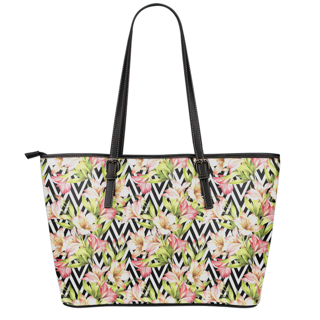 Pastel Alstroemeria Zigzag Pattern Print Leather Tote Bag