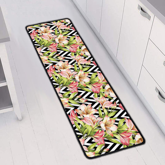 Pastel Alstroemeria Zigzag Pattern Print Long Kitchen Mat