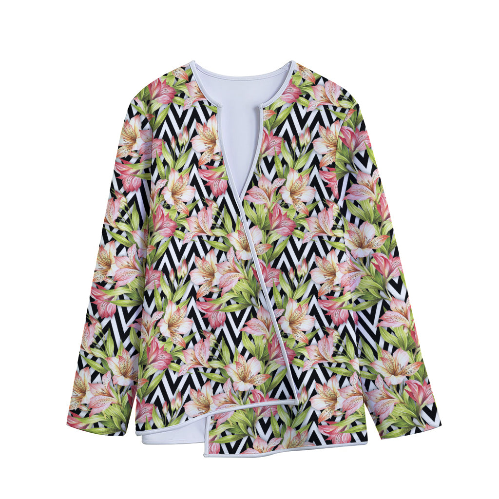 Pastel Alstroemeria Zigzag Pattern Print Long Sleeve Short Coat