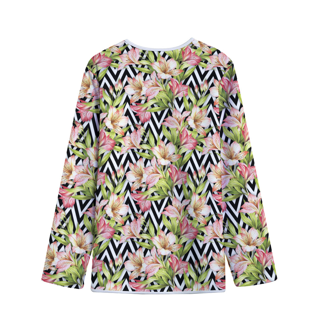 Pastel Alstroemeria Zigzag Pattern Print Long Sleeve Short Coat