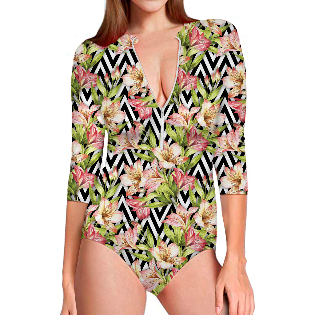 Pastel Alstroemeria Zigzag Pattern Print Long Sleeve Swimsuit