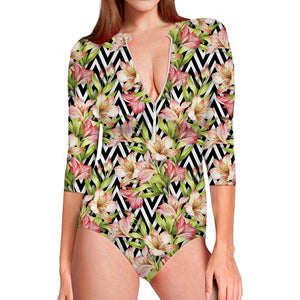 Pastel Alstroemeria Zigzag Pattern Print Long Sleeve Swimsuit