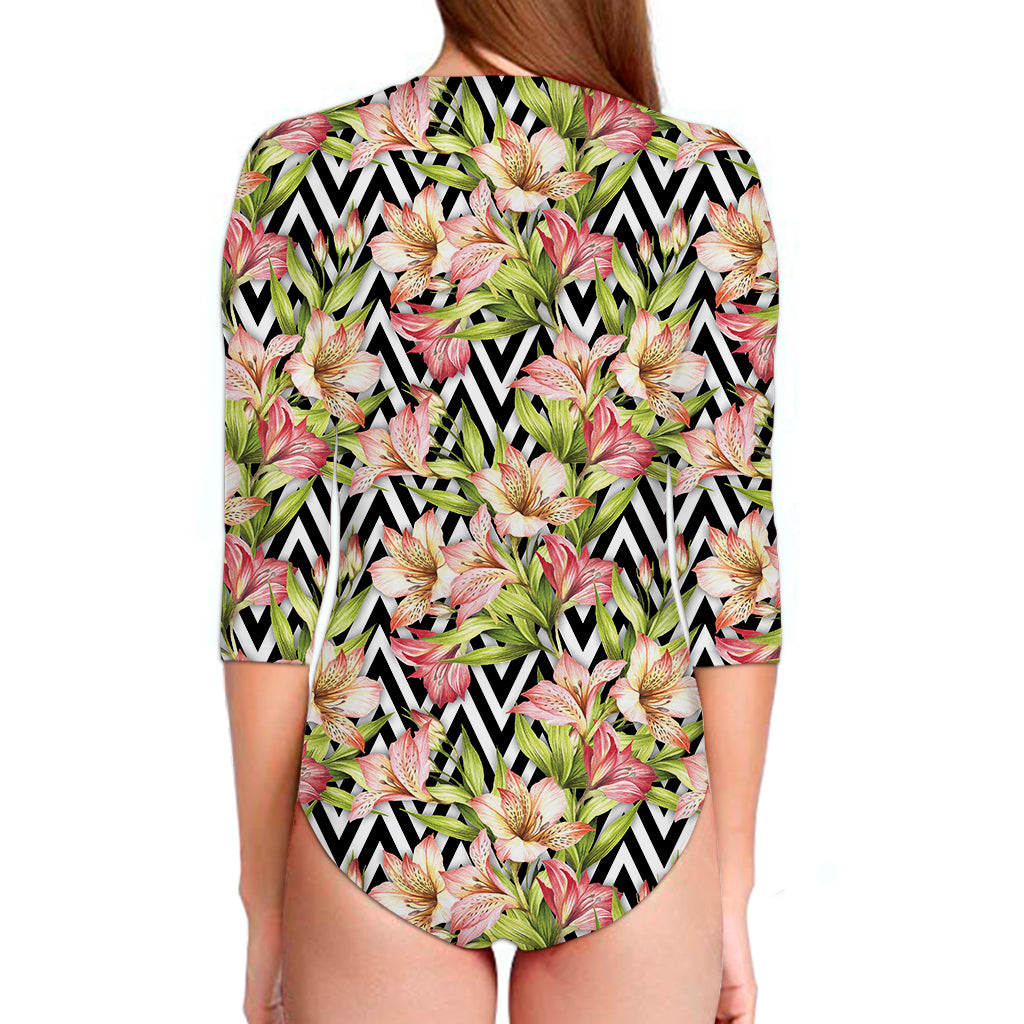 Pastel Alstroemeria Zigzag Pattern Print Long Sleeve Swimsuit