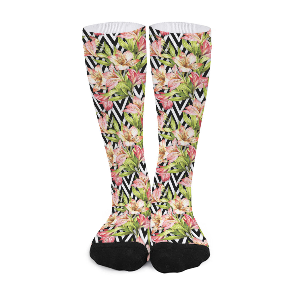 Pastel Alstroemeria Zigzag Pattern Print Long Socks