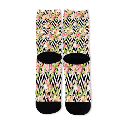 Pastel Alstroemeria Zigzag Pattern Print Long Socks