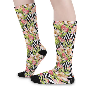 Pastel Alstroemeria Zigzag Pattern Print Long Socks