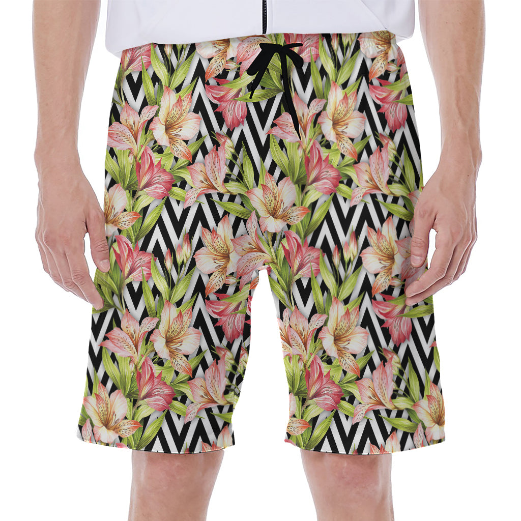 Pastel Alstroemeria Zigzag Pattern Print Men's Beach Shorts