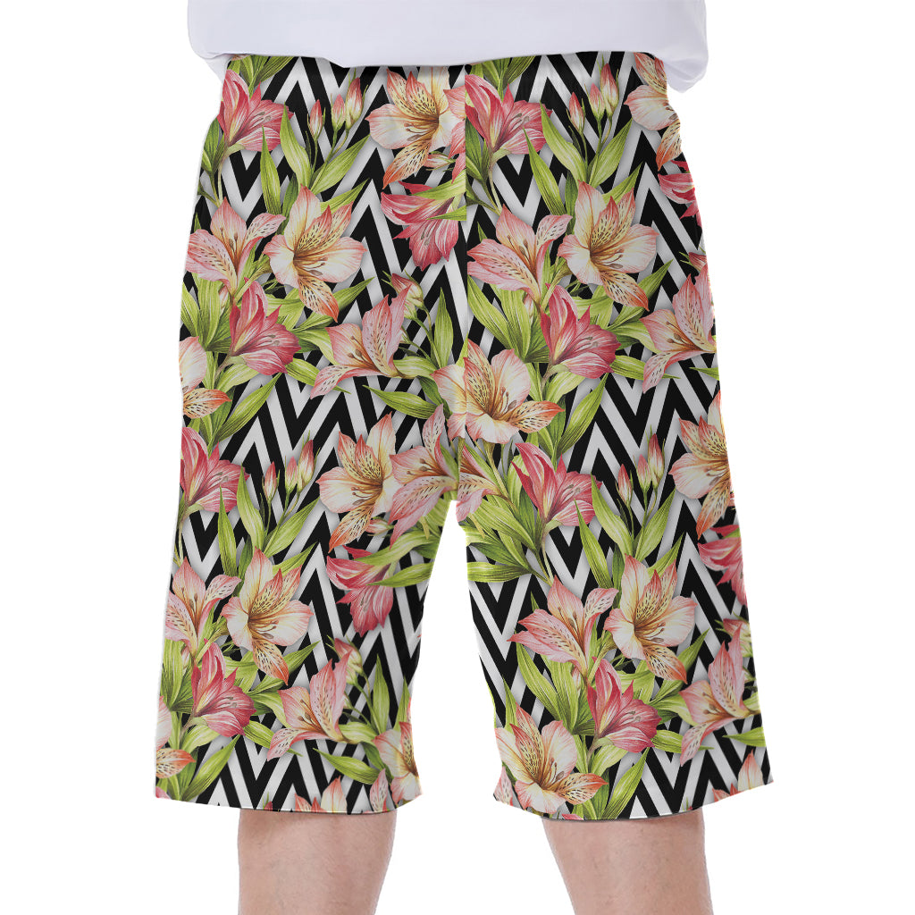 Pastel Alstroemeria Zigzag Pattern Print Men's Beach Shorts