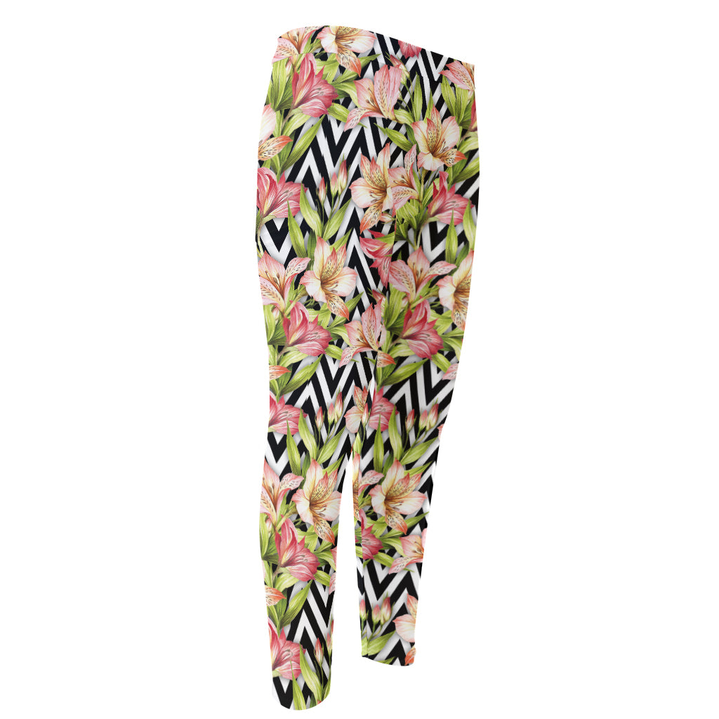 Pastel Alstroemeria Zigzag Pattern Print Men's Compression Pants