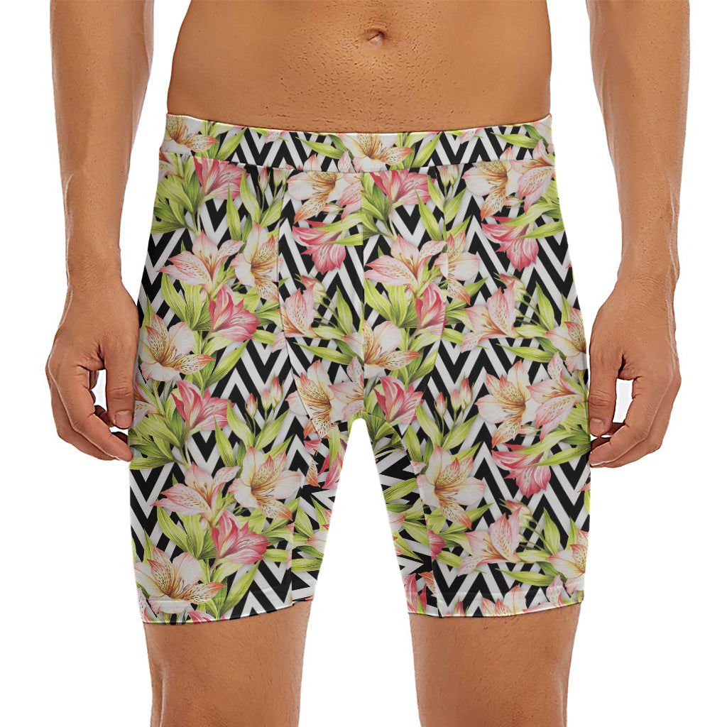 Pastel Alstroemeria Zigzag Pattern Print Men's Long Boxer Briefs