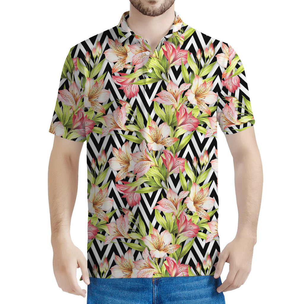 Pastel Alstroemeria Zigzag Pattern Print Men's Polo Shirt