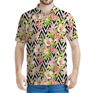 Pastel Alstroemeria Zigzag Pattern Print Men's Polo Shirt