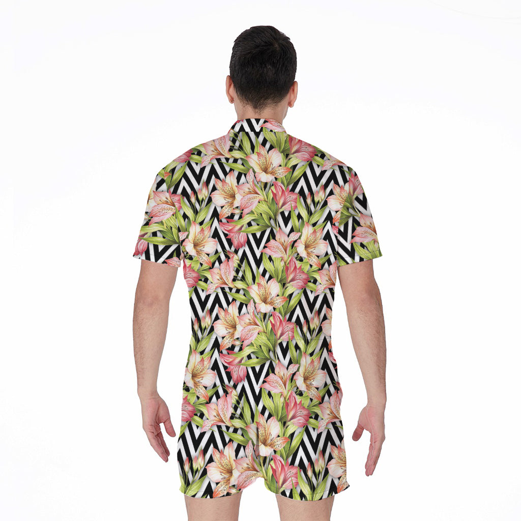 Pastel Alstroemeria Zigzag Pattern Print Men's Rompers