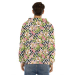 Pastel Alstroemeria Zigzag Pattern Print Men's Velvet Pullover Hoodie