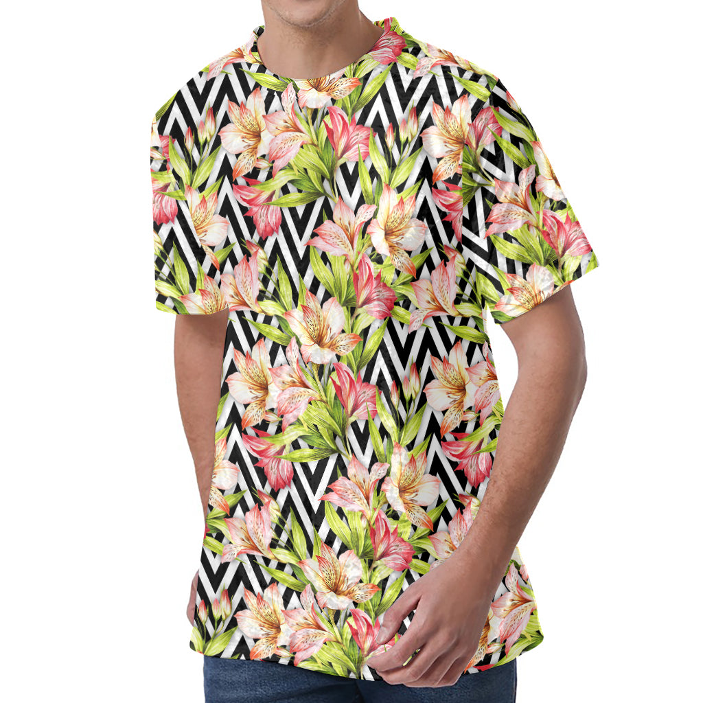 Pastel Alstroemeria Zigzag Pattern Print Men's Velvet T-Shirt