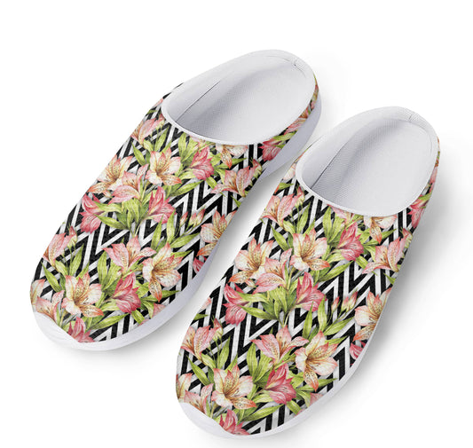 Pastel Alstroemeria Zigzag Pattern Print Mesh Casual Shoes