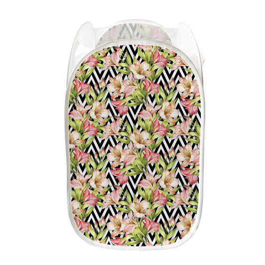 Pastel Alstroemeria Zigzag Pattern Print Mesh Laundry Hamper