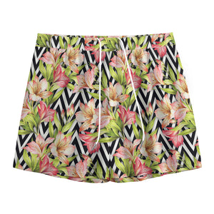 Pastel Alstroemeria Zigzag Pattern Print Mesh Shorts