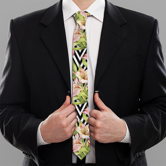Pastel Alstroemeria Zigzag Pattern Print Necktie