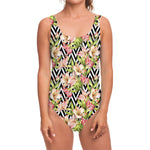 Pastel Alstroemeria Zigzag Pattern Print One Piece Swimsuit