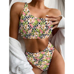 Pastel Alstroemeria Zigzag Pattern Print One Shoulder Bikini Top