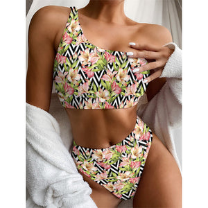 Pastel Alstroemeria Zigzag Pattern Print One Shoulder Bikini Top