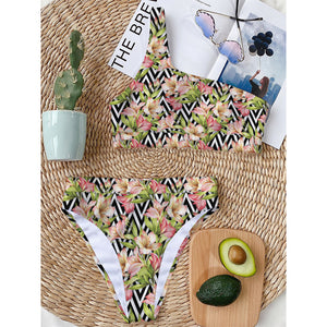 Pastel Alstroemeria Zigzag Pattern Print One Shoulder Bikini Top