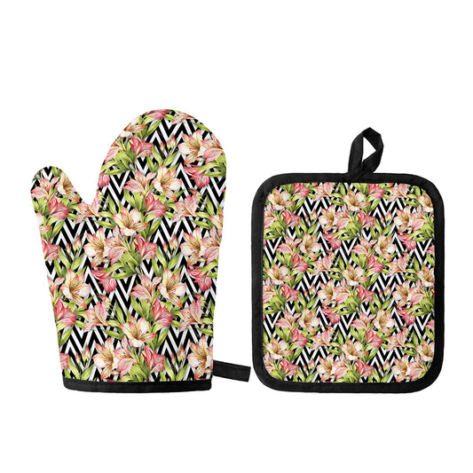 Pastel Alstroemeria Zigzag Pattern Print Oven Mitt And Pot Holder Set