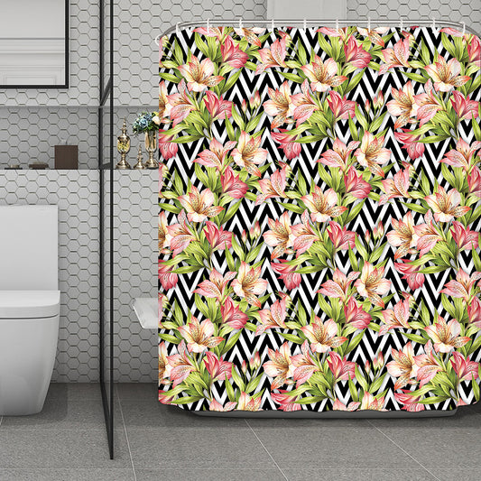 Pastel Alstroemeria Zigzag Pattern Print Polyester Shower Curtain
