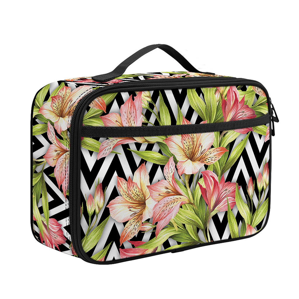 Pastel Alstroemeria Zigzag Pattern Print Portable Lunch Bag