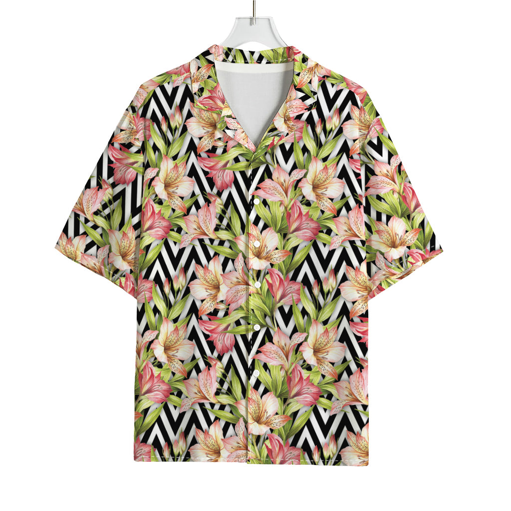 Pastel Alstroemeria Zigzag Pattern Print Rayon Hawaiian Shirt