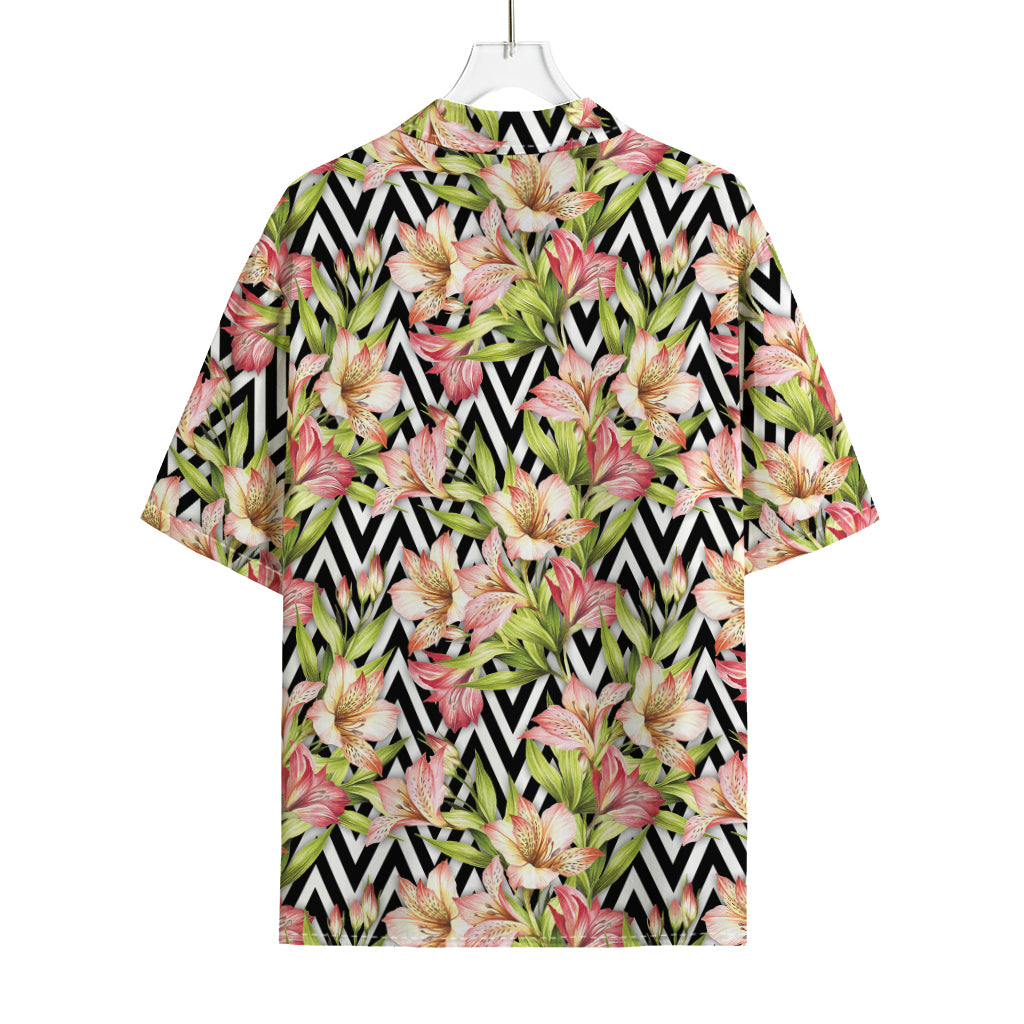 Pastel Alstroemeria Zigzag Pattern Print Rayon Hawaiian Shirt