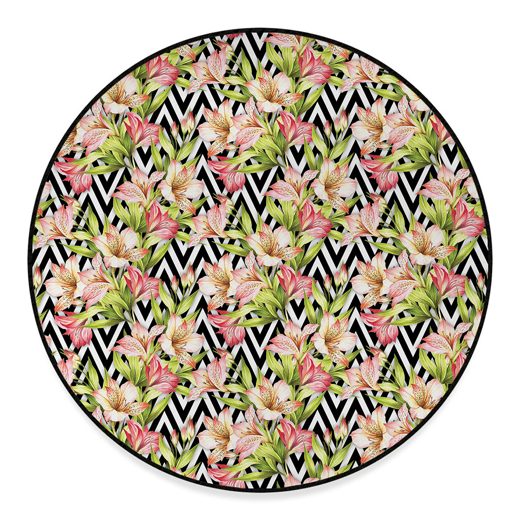 Pastel Alstroemeria Zigzag Pattern Print Round Floor Mat