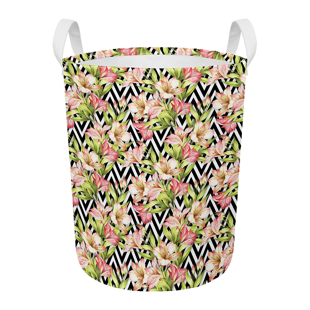 Pastel Alstroemeria Zigzag Pattern Print Round Laundry Basket