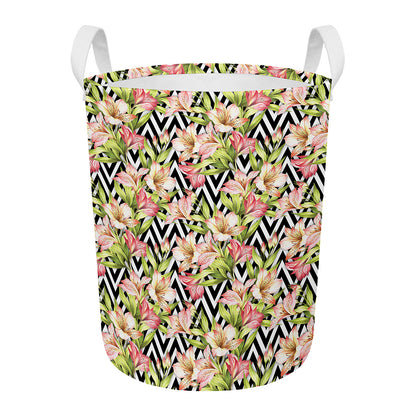 Pastel Alstroemeria Zigzag Pattern Print Round Laundry Basket