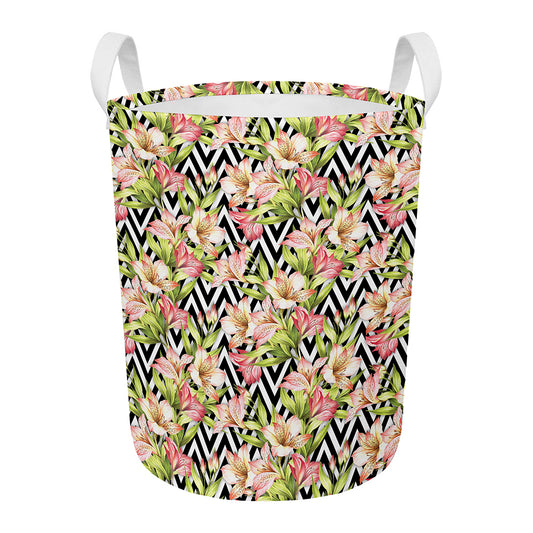 Pastel Alstroemeria Zigzag Pattern Print Round Laundry Basket
