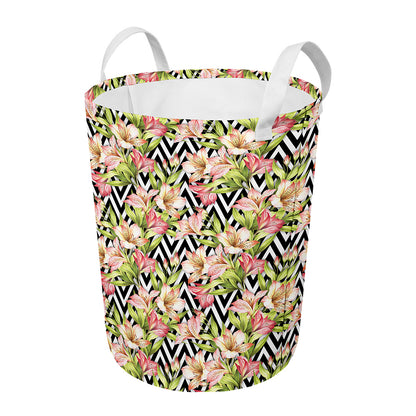 Pastel Alstroemeria Zigzag Pattern Print Round Laundry Basket