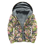 Pastel Alstroemeria Zigzag Pattern Print Sherpa Lined Zip Up Hoodie